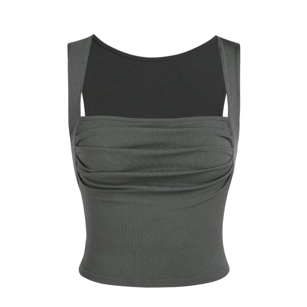 CIDER Dark Grey Ruched Square Neck Crop Tank Top | Size S